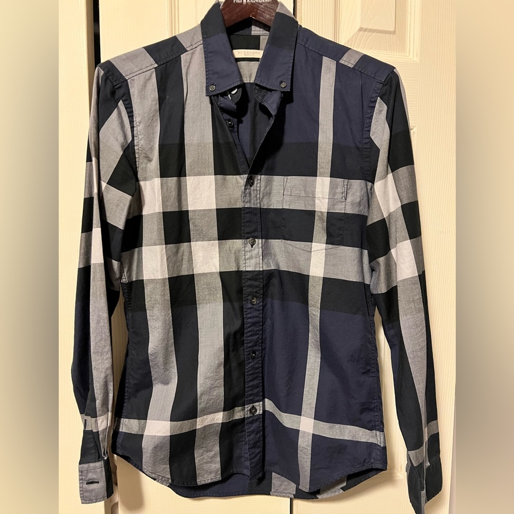 Burberry Navy, Black & White Large Check Button-Down Shirt